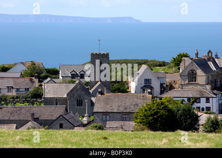 Il villaggio di Mortehoe vicino a Woolacombe nel Devon UK con Lundy Island in distanza Foto Stock