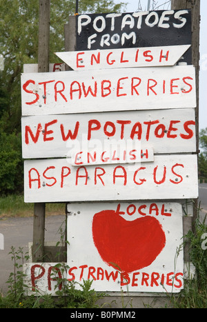Cartello con la scritta "negozio di prodotti agricoli" sul lato della strada "patate", "fragole inglesi" e "asparagi". East Anglia, Lincolnshire Inghilterra anni '2008 2000 Regno Unito Foto Stock