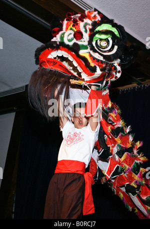 Ballerino in costume di drago in Malesia la notte Foto Stock