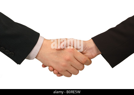 Stretta di mano tra un uomo e una donna in abiti aziendali Foto Stock