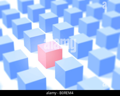 Un cubo rosso tra molte righe di cubetti di blu. Foto Stock