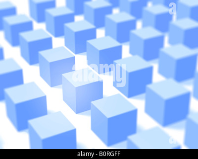 Un cubo in una messa a fuoco nitida tra molte righe di cubi. Foto Stock