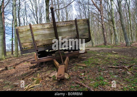 Una vecchia fattoria rimorchio lentamente la putrefazione in un bosco scozzese Foto Stock