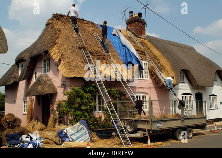 Thatchers lavorando sul tetto di un cottage di campagna in Micheldever Hampshire Southern England Regno Unito Foto Stock