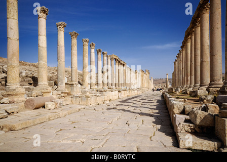 Colonne di Cardo Maximus nelle rovine di Jerash romano città Decapoli dating da 39 a 76 AD Giordania Arabia Foto Stock