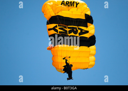 Un cavaliere d'oro parachutist si prepara per lo sbarco a la zona bersaglio del 2008 a servizio comune Open House air show in Maryland. Foto Stock