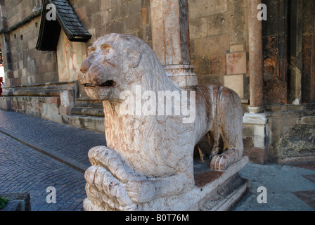 Leoni di pietra a guardia della cattedrale nell'elegante città di Bolzano nel Tirolo Italiano in Italia settentrionale Foto Stock