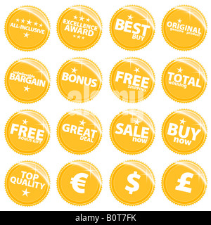 Illustrazione vettoriale di un set di golden retail web icone etichette o adesivi con vari slogan di vendita Foto Stock