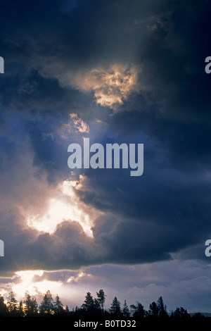 Raggi di sole al sorgere del sole attraverso il foro in Dark nuvole temporalesche su alberi Grand Teton National Park Wyoming Foto Stock