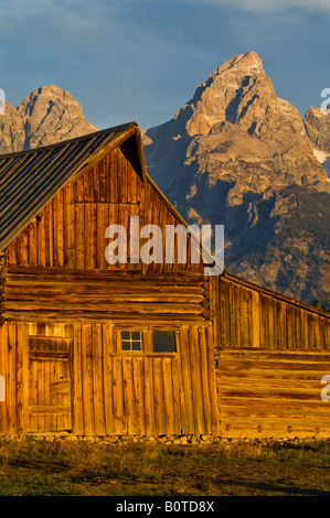 Il vecchio fienile in legno e le montagne nella luce del mattino lungo la fila di Mormoni Grand Teton National Park Wyoming Foto Stock