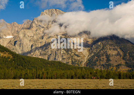 I turisti andare a cavallo sulla gita a cavallo sotto il monte Moran mountain Grand Teton National Park Wyoming Foto Stock