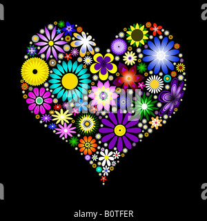 Forma di cuore illustrazione creata con fiori digitale contro uno sfondo nero Foto Stock