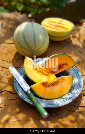 Melone di Cantaloupe appena tagliato su un tavolo in giardino in una giornata di sole Foto Stock