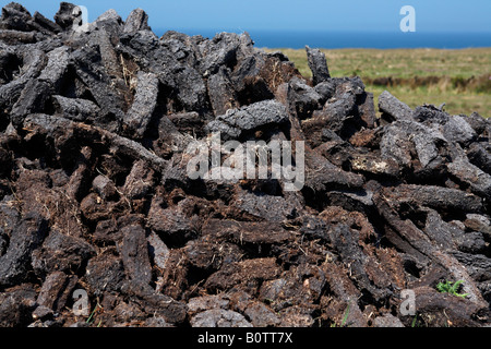 Pila di tagliare turf torba di essiccazione al sole per essere utilizzato come combustibile per uso domestico nel corso dell'anno, nella contea di Mayo Repubblica di Irlanda Foto Stock