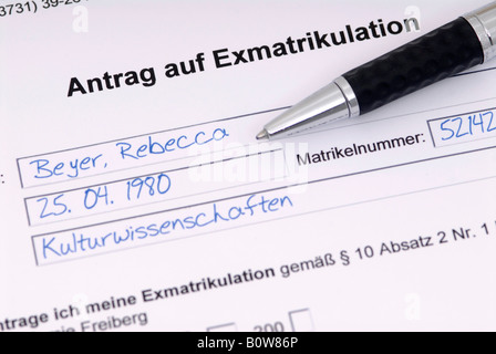 Exmatrikulation (Ger. Per la rimozione dal registro degli studenti) Foto Stock