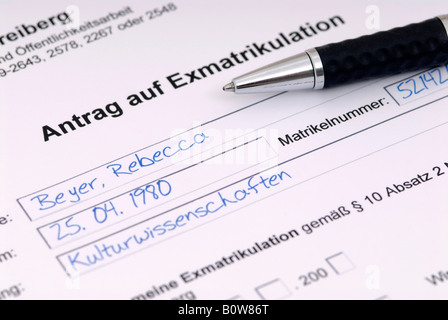 Exmatrikulation (Ger. Per la rimozione dal registro degli studenti) Foto Stock