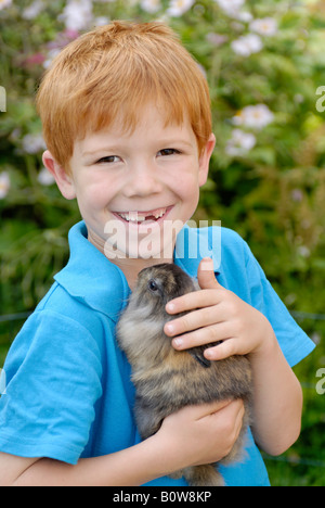 Little Boy tenendo un Coniglio europeo (oryctolagus cuniculus) Foto Stock