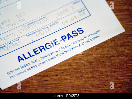 Allergia medici Pass Foto Stock