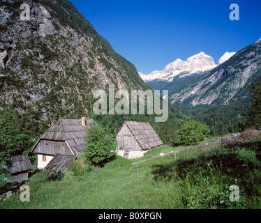 Agriturismo al di sopra di Trenta in Soca Valley, Gorenjska, Slovenia. Vista verso Jalovec. Foto Stock