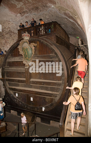 Per i turisti con enorme quercia botte di vino nel castello di Heidelberg (Heidelberger Schloss) Germania Foto Stock