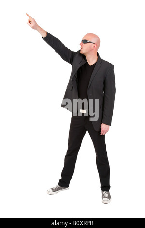 Testa calva uomo con il suo dito indice Foto Stock