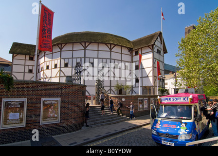 In orizzontale ampia angolazione della parte anteriore del il Globe Theatre di Shakespeare contro un luminoso cielo blu. Foto Stock