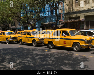 Flotta di ambasciatore giallo taxi nel traffico di Calcutta Foto Stock