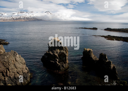 Reydarfjordur e le montagne del Oddsskaro passano nella zona est di fiordi regione orientale di Islanda Foto Stock