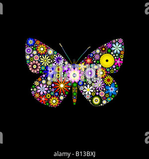Butterfly illustrazione creata con fiori digitale contro uno sfondo nero Foto Stock