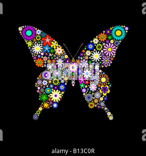 Butterfly illustrazione creata con fiori digitale contro uno sfondo nero Foto Stock