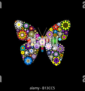Butterfly illustrazione creata con fiori digitale contro uno sfondo nero Foto Stock
