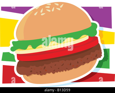Un singolo hamburger su una stilizzata sfondo a strisce Foto Stock