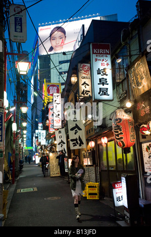 Molti cartelli illuminati in vicolo pieno di bar e ristoranti a Shomben Yokocho nel centro di Shinjuku Tokyo Foto Stock