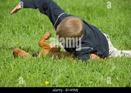 Stock Foto di un bambino di otto anni giocando con il suo cucciolo Vizsla in giardino Foto Stock