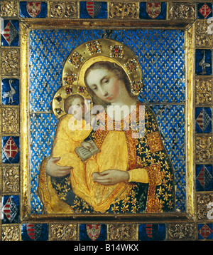 Belle arti, l'arte religiosa, Maria Vergine con Bambino, pittura, tempera su legno, gilted foglio d'argento con smalto e gioielli, Ungheria, pre 1367, Aachen Minster tesoro, , artista del diritto d'autore non deve essere cancellata Foto Stock