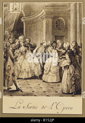 Belle arti, Moreau, Jean-Michel (1741 - 1814), incisione su rame 'La Sortie de'l Opera' (lasciando il teatro dell'opera), dalla serie 'Les Plaisirs' (le gioie), Francia, circa 1770, collezione privata, artista del diritto d'autore non deve essere cancellata Foto Stock