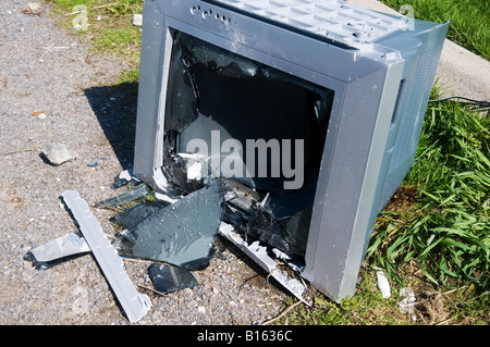 Un fracassato televison impostare oggetto di dumping in un parco pubblico. Foto Stock