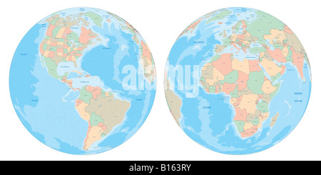 Globo terrestre, ad altissima risoluzione, topografia reale rendering. Due angoli Foto Stock