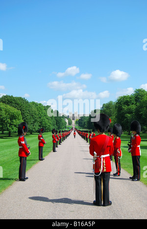 Cavalleria domestici sfilando sulla lunga passeggiata, il Castello di Windsor, Windsor, Berkshire, Inghilterra, Regno Unito Foto Stock