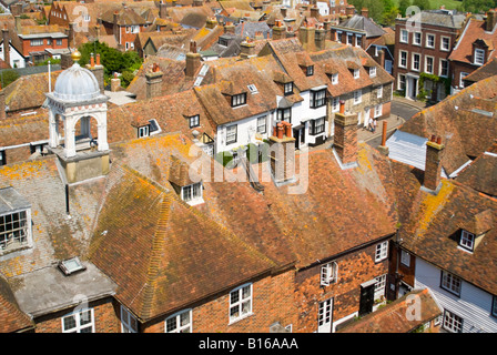 Sopraelevata orizzontale vista sopra i tetti di tegole rosse della storica città vecchia di segala al sole. Foto Stock