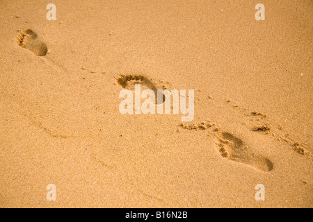 Orme sulla spiaggia di Managlore, Karnataka. La spiaggia è piacevolmente caldo al calpestio nel sole del tardo pomeriggio. Foto Stock