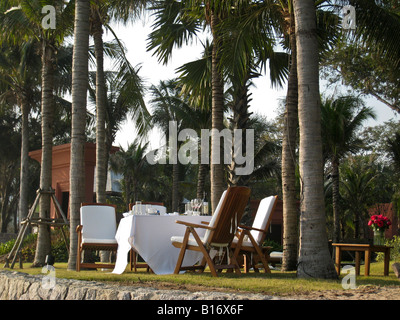 Una tavola apparecchiata tra le palme del giardino dell'Hotel Hyatt Regency hotel a 5 stelle in Hua Hin Tailandia Foto Stock