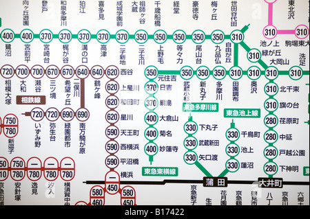 Dettaglio della complessa rete ferroviaria e le informazioni sulla tariffa scheda display a Tokyo alla stazione ferroviaria, Giappone Foto Stock