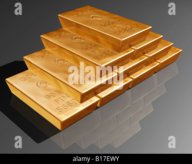 Pila di oro puro bar su una superficie riflettente Foto Stock