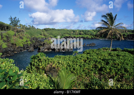 Hawaii Maui USA Wai anapanapa stato Parco Ocean Beach ingresso di roccia vulcanica nera Foto Stock