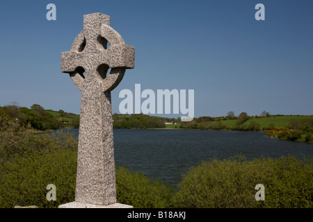 Celtic cross lapide affacciato sul lago loughinisland sul sito delle chiese loughinisland contea di Down Irlanda del Nord Foto Stock