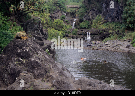 Maui, Hawaii, Stati Uniti d'America. Sette piscine sacra, ohe"o Gulch a sud di Hana. Nuotatori. Foto Stock