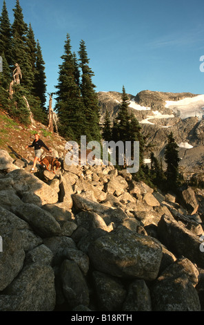 Donna e cane escursioni in Lizzy area lacustre. Lizzie Lago, Pemberton, British Columbia, Canada. Foto Stock