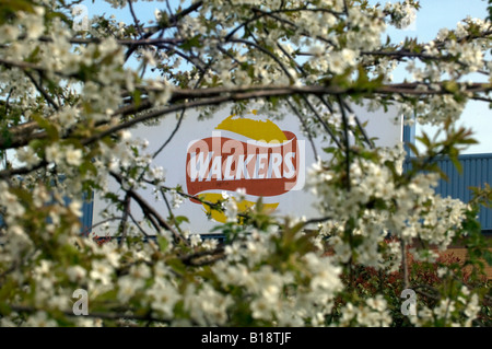 La Walkers snack croccante segno alimentare logo sulla fabbrica aziendale e la sede centrale della società HQ in Beaumont Leys Leicester Leicester Foto Stock