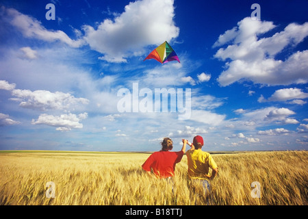 Giovane nel campo di grano su Perrault Agriturismo vicino a Ponteix, Saskatchewan, Canada. Foto Stock